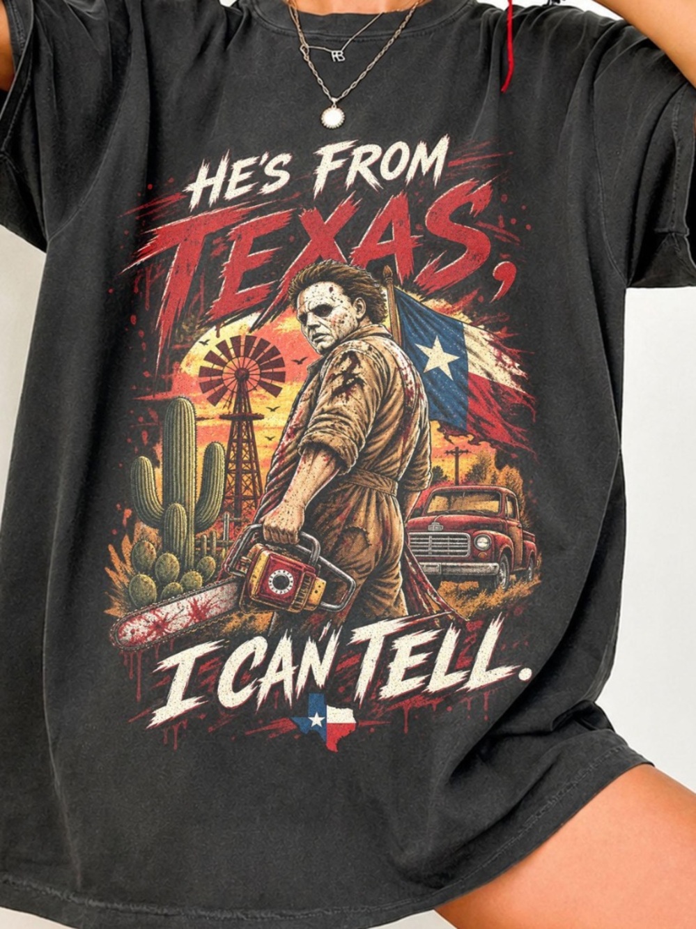 Comfort Graphic Horror Tee - Black "He's From Texas I Can Tell"
